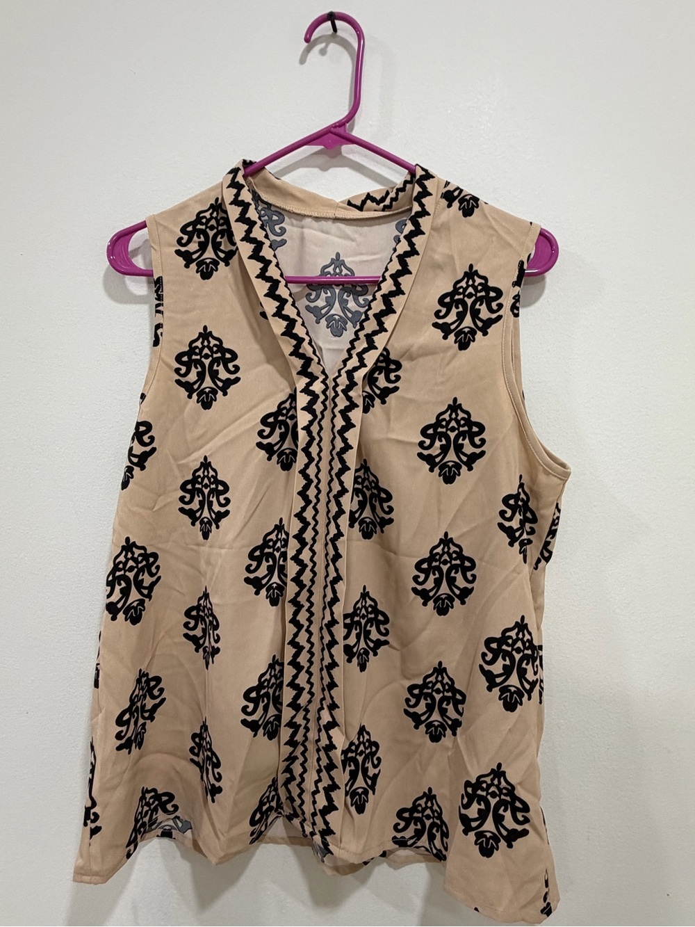 Beige Sleeveless Tank with Black Damask Motif